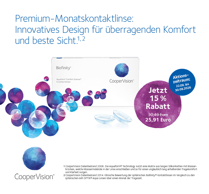 15 % Rabatt auf Biofinity Premium-Monatskontaktlinsen nur bis zum 30.9.2026