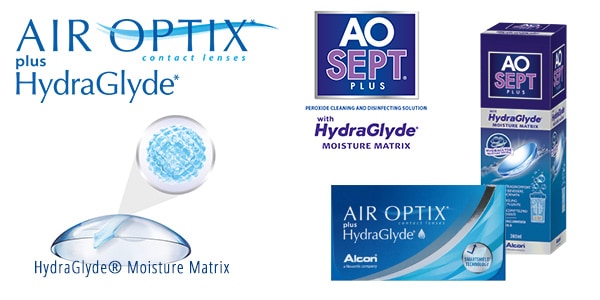 Ein unschlagbares Team: AIR OPTIX® plus HydraGlyde® und AO SEPT® plus HydraGlyde®