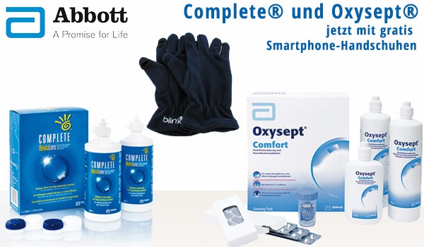 Gratis Smartphone-Handschuhe gibt es jetzt zu jeder Bestellung von Oxysept Comfort oder Complete RevitaLens Pflegemitteln.