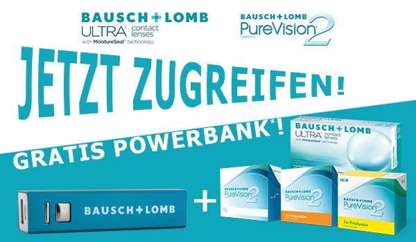 Gratis Powerbank zu Bausch+Lomb ULTRA und PureVision2 im Linsenplatz.de-Onlineshop!