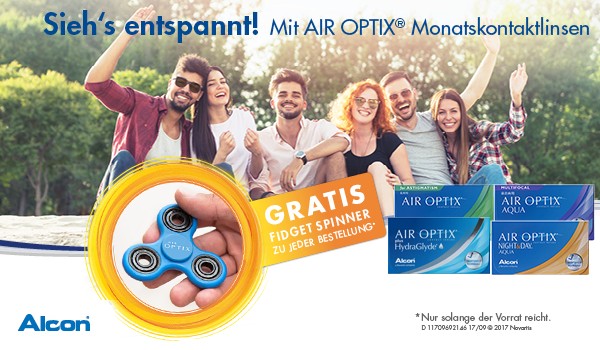 Entspannt bleiben! Gratis Fidget Spinner erhalten, zu jeder AIR OPTIX Monatskontaktlinsen Bestellung im Linsenplatz.de Onlineshop.